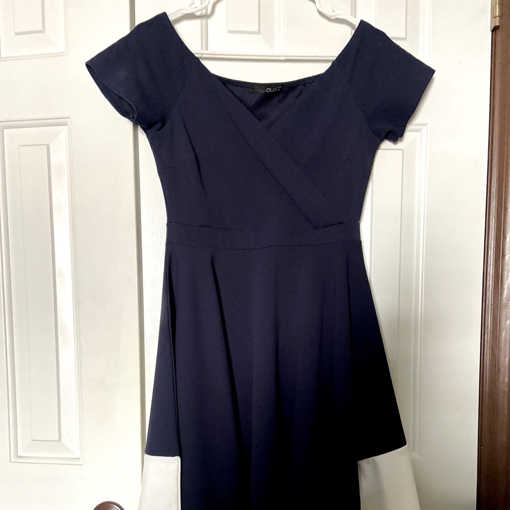 Off-Shoulder Navy/White Draped Cocktail Dress, 10